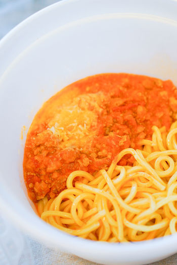 High angle view of noodles in bowl
