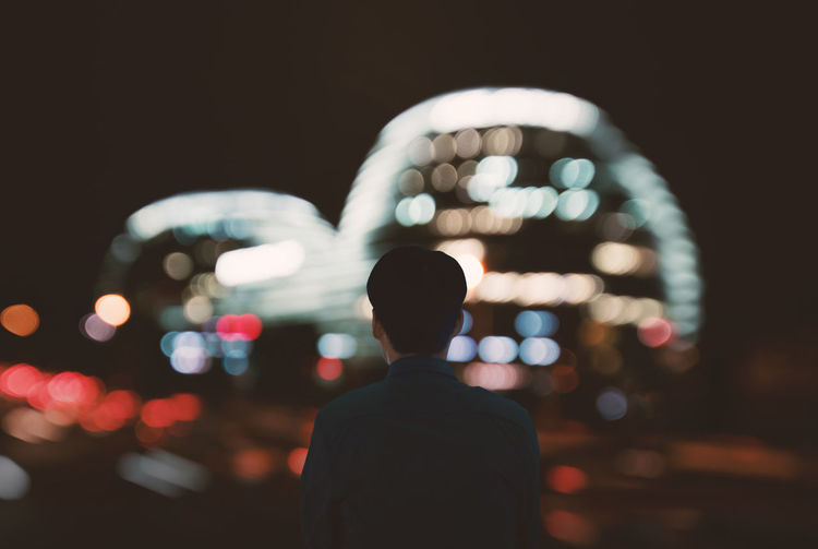 Rear view of man standing at illuminated amusement park