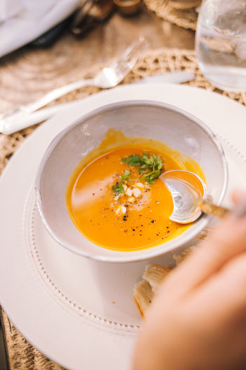 High angle view of soup in bowl on table