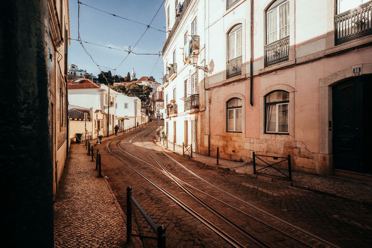 Railroad tracks amidst buildings in city