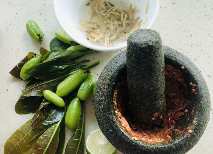 High angle view of vegetables in bowl on table