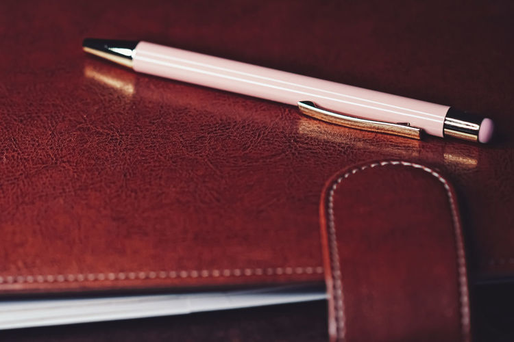 Close-up of pen with diary