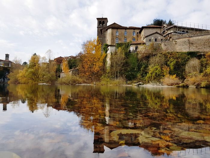 Reflection of trees in water against sky