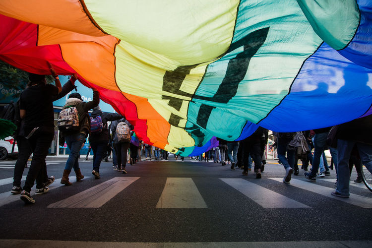 People walking with rainbow flag during pride parade