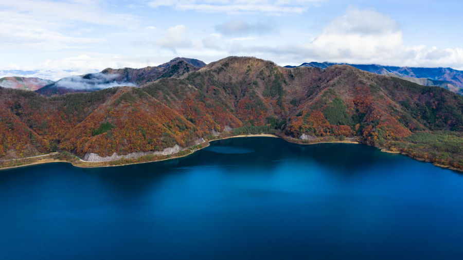 Nature landscape aerial view lake shojiko and mountain at autumn in japan