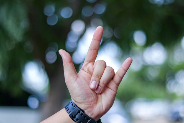 Cropped hand gesturing horn sign against tree