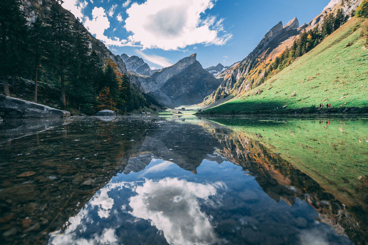 Scenic view of lake and mountains against sky