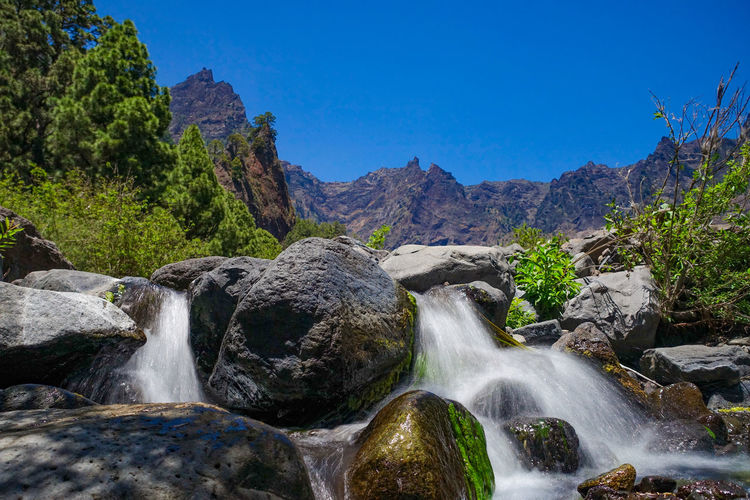 Scenic view of waterfall against sky