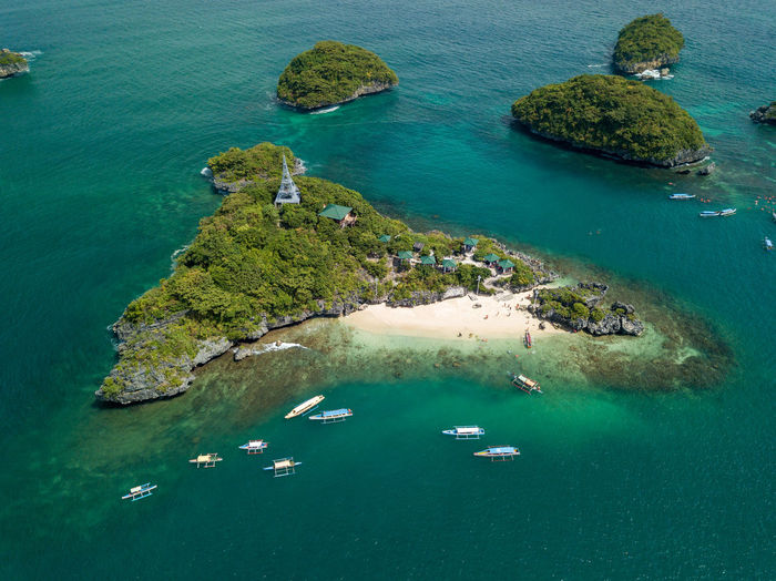 Panorama drone picture of lopez island in hundred islands national park in pangasinan, philippines