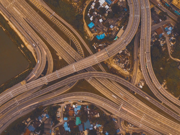 Aerial view of multiple lane highway in city