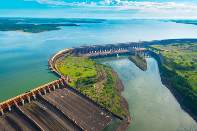 Aerial view of the itaipu hydroelectric dam on the parana river.