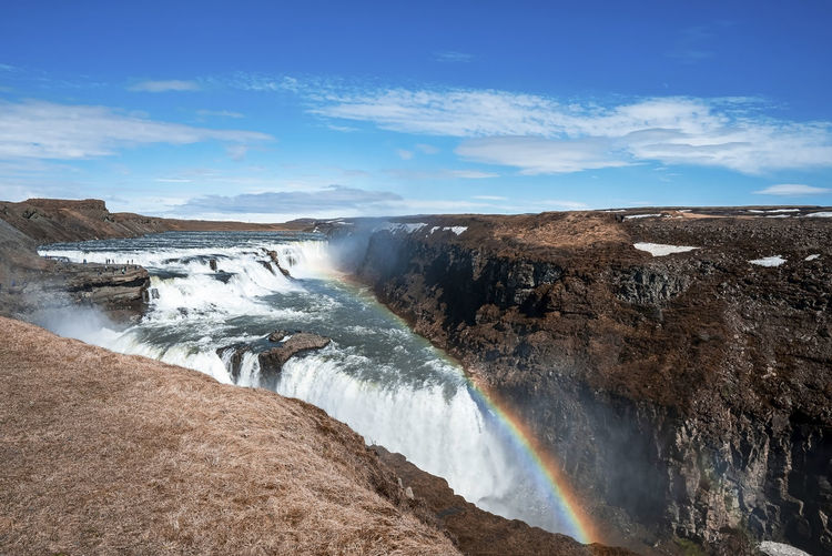 Scenic cascades of gullfoss waterfall in golden circle against blue sky