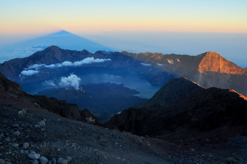 Aerial view of mount rinjani against sky during sunset