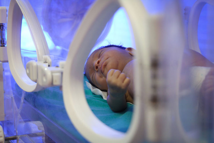 Portrait of cute baby in incubator