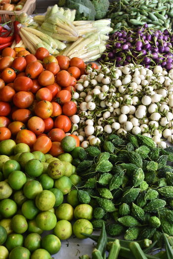 High angle view of fruits for sale at market stall