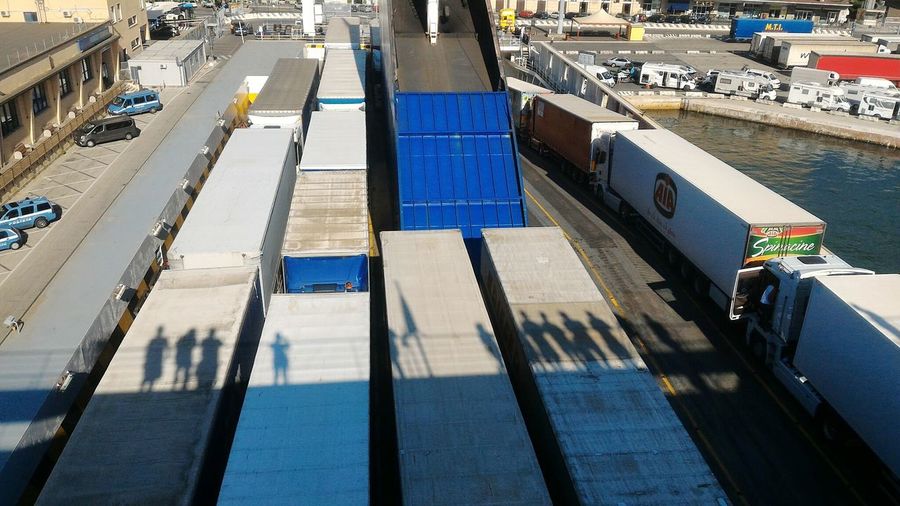High angle view of cargo containers at harbor