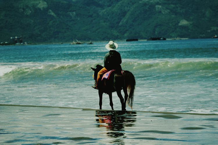 Man riding horse in sea
