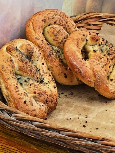 High angle view of bread in basket on table