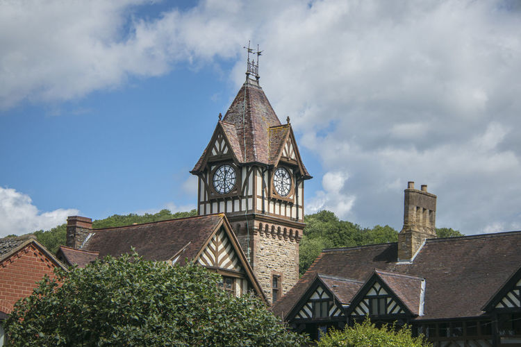 View of the clock tower and alms houses in the ancient market town of ledbury, herefordshire, uk