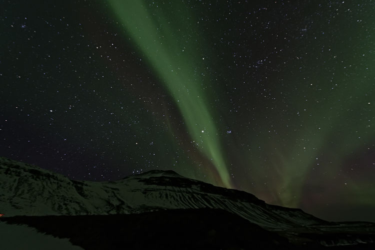 Low angle view of aurora borealis at night during winter