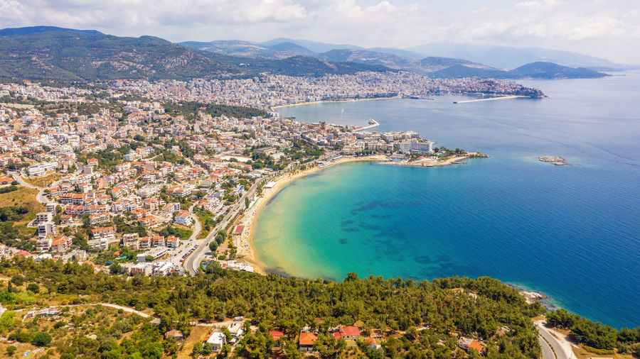 Aerial view the city of kavala in northern greek.