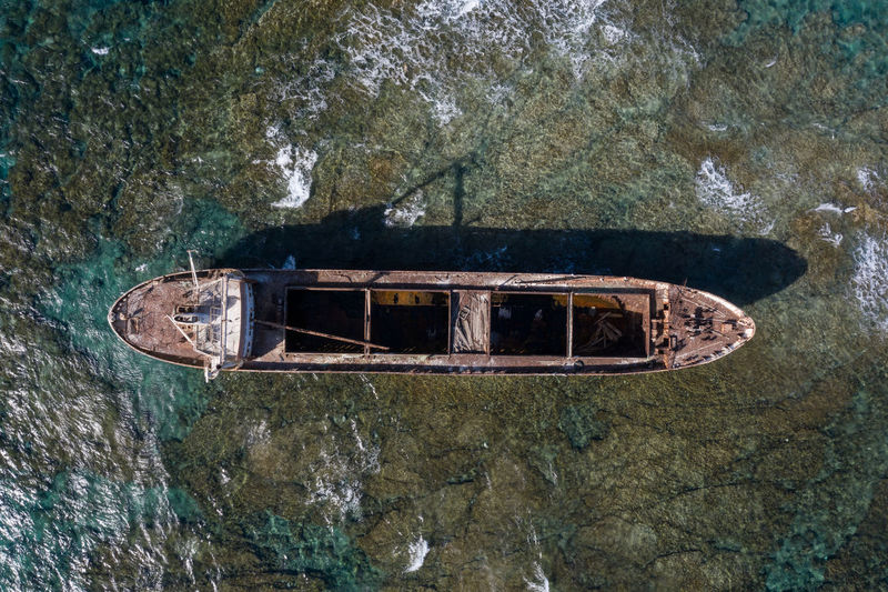 Directly above shot of abandoned ship in sea