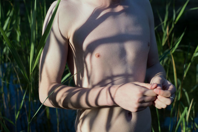 Midsection of shirtless mid adult man standing against plants