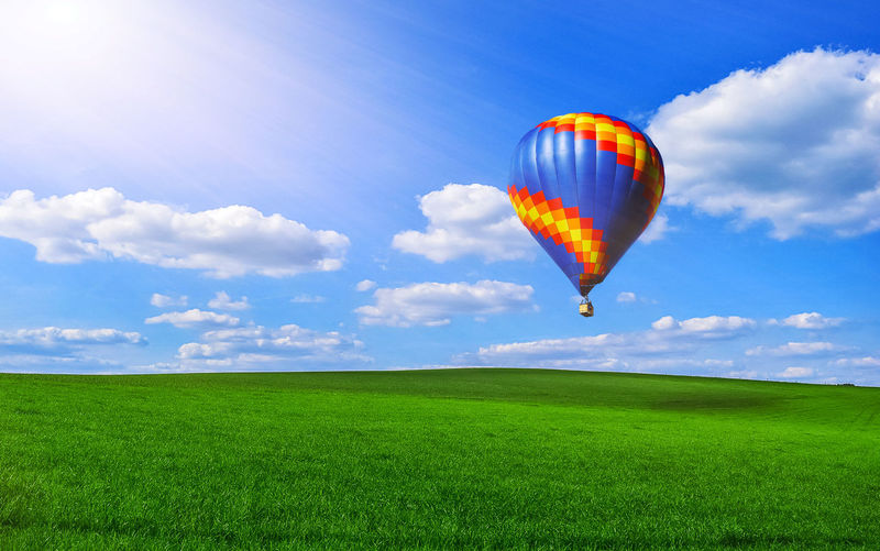 Hot air balloons on field against sky