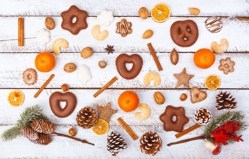 High angle view of cookies on table