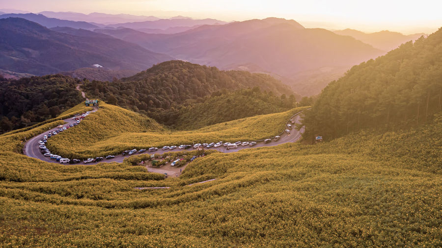 High angle view of land during sunset