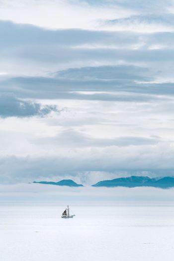 Scenic view of boat in sea against sky