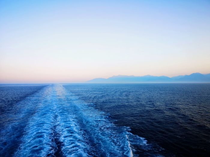 Scenic view of sea against clear sky during sunset