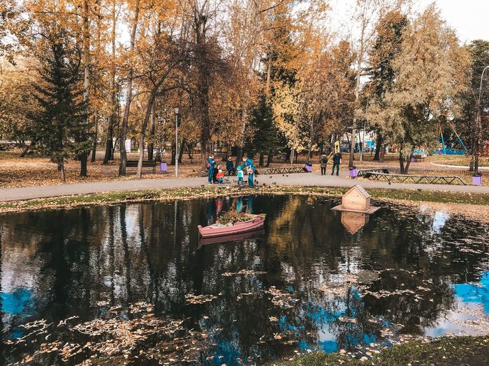 People in park by lake during autumn