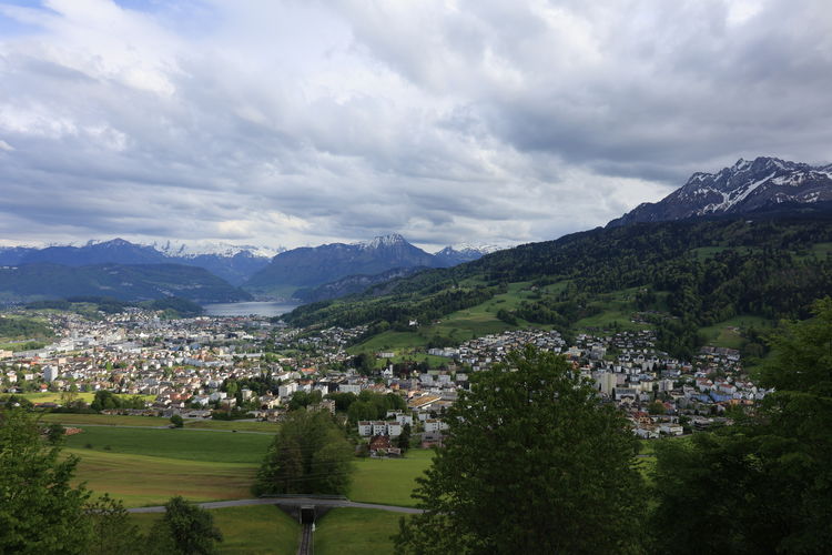 Scenic view of townscape and mountains against sky in switzerland