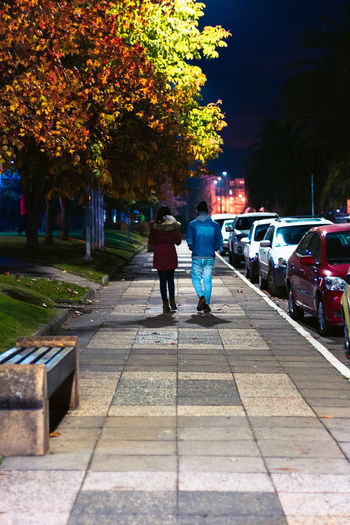 Rear view of couple walking on road