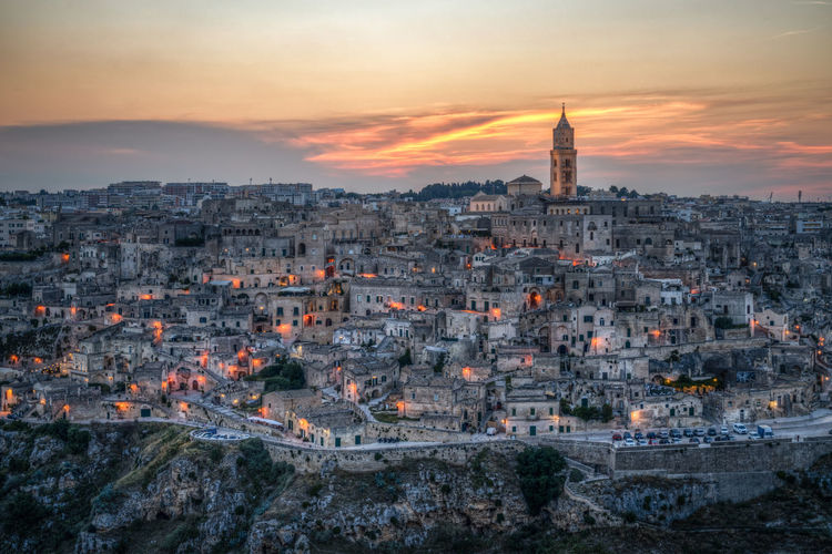 Scenic sunset over the ancient city of matera in basilicata region, southern italy
