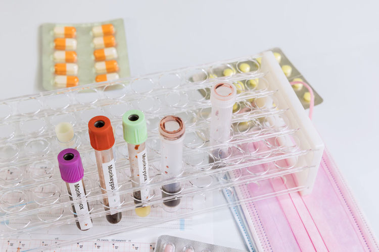 High angle view of medicines over white background