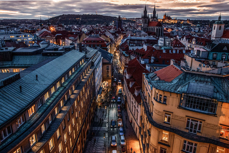 High angle view of illuminated buildings in city