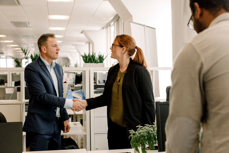 Businesswoman shaking hand with sales manager in office