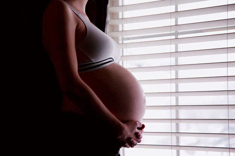 Midsection of pregnant woman holding abdomen while standing by window at home