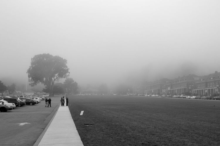 People standing on wall by field in foggy weather