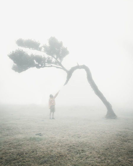 MAN STANDING ON FIELD BY TREE AGAINST SKY
