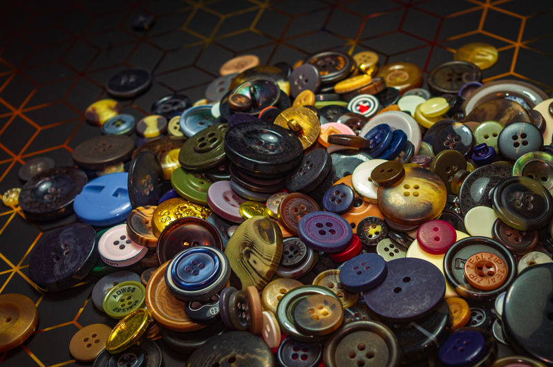 High angle view of various buttons