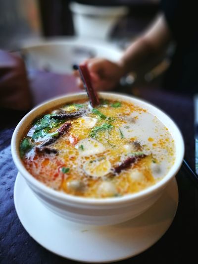 Close-up of served soup in bowl