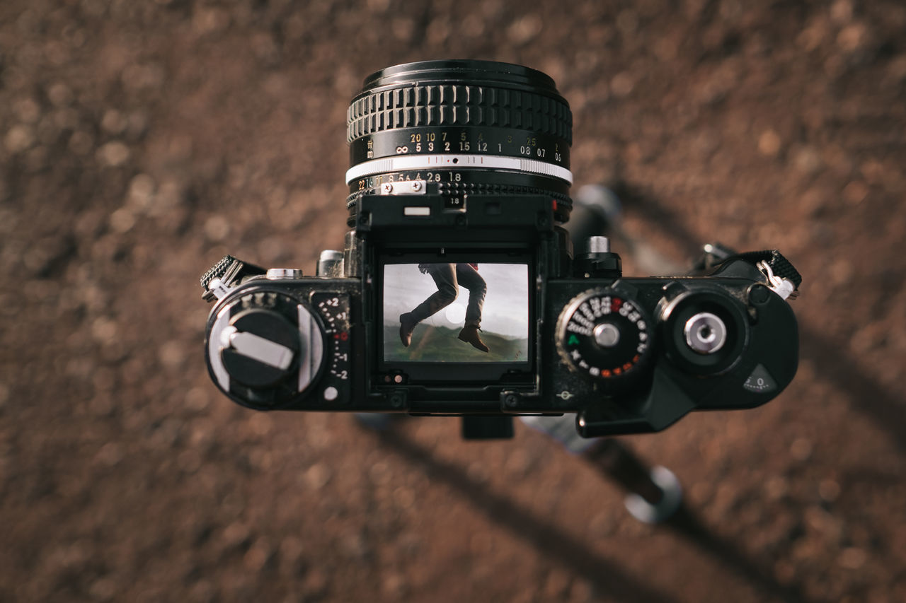 High angle view of vintage camera