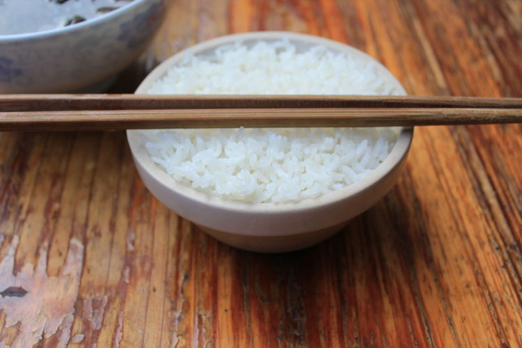 Close-up of chopsticks over bowl of rice on table