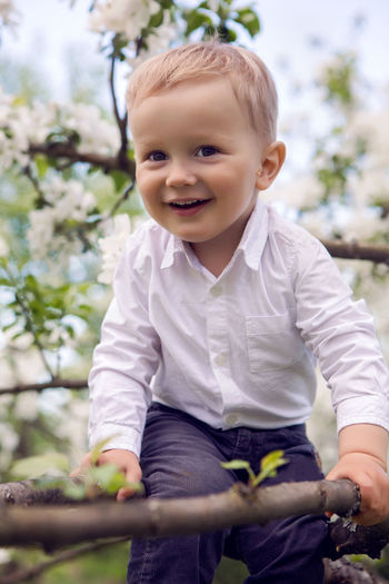 Little boy blond in a white shirt and blue pants sitting on flowered tree apple tree white flowers