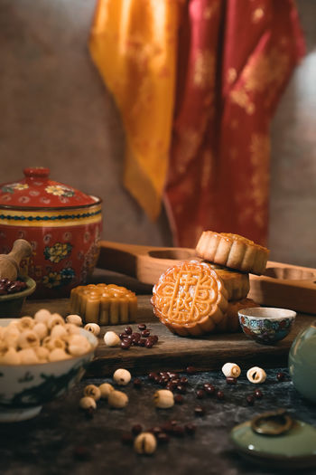 Yue bing, the traditional chinese pastry of baked mooncakes in chinese kitchen