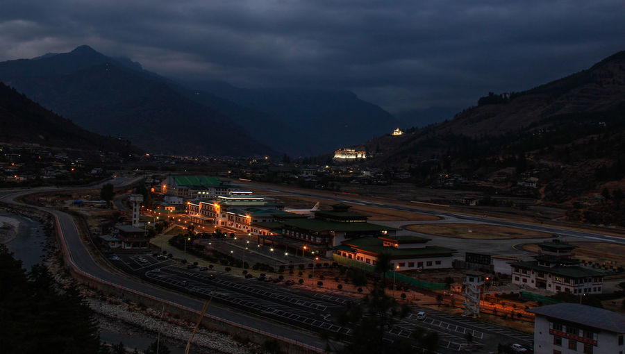 High angle view of illuminated paro city airport 