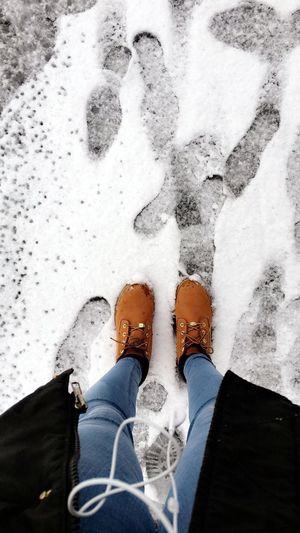 Low section of man standing on snow